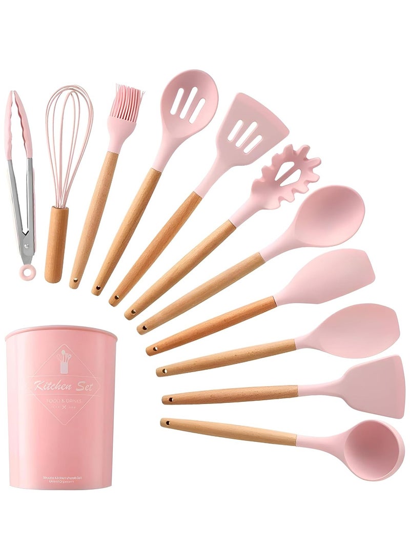 Generic 12-Piece Silicone Kitchen Utensil Set with Wooden Handles – Heat Resistant Non-Stick Cooking Tools Including Spoon, Ladle, Whisk, Tongs & Holder – Premium Cookware Utensils - multicolor - Image 1